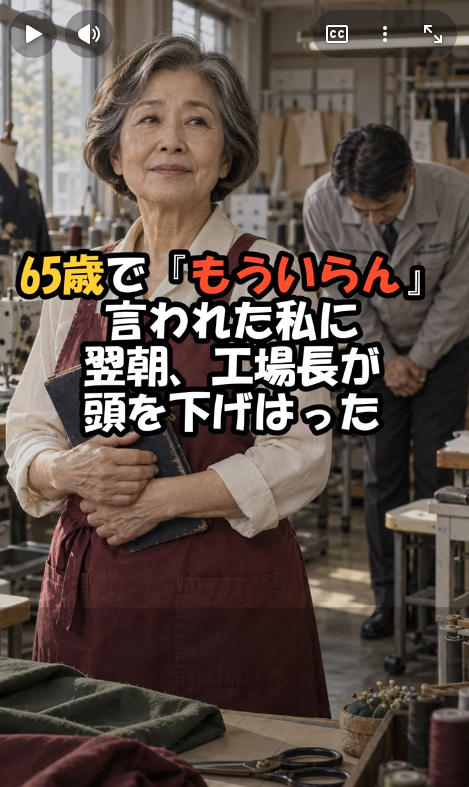 65歳で退職を告げられた女性を描いた生成サンプル動画の冒頭画面
